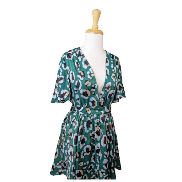 House of Harlow Revolve Dawn Mini Dress Small Green Leopard Satin Plunge V Neck - Picture 2 of 14